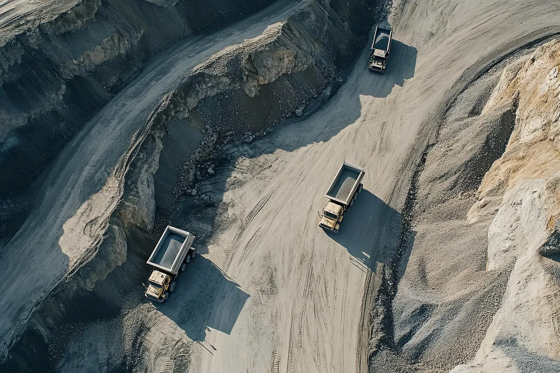 Aerial view of haul trucks working the benches of an open-pit quarry.