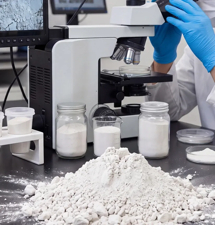 Technician at a microscope, with jars of white powder and a heap of clay on the laboratory bench.