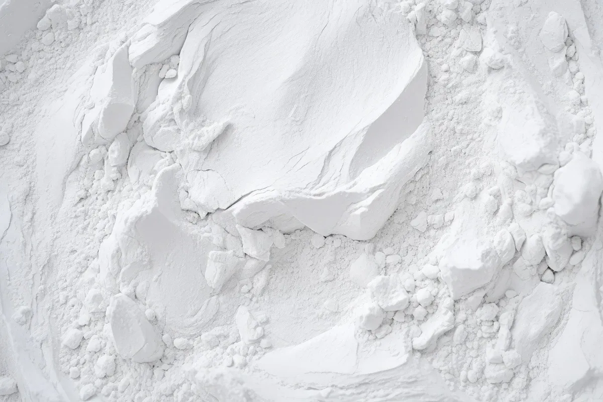 Macro view of white clay powder, with pressed hollows and loose granules.